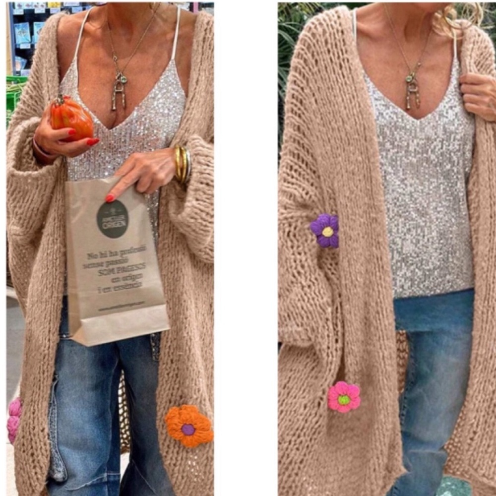 Cozy Loose Knit Floral Crochet Open Front Oversized Cardigan